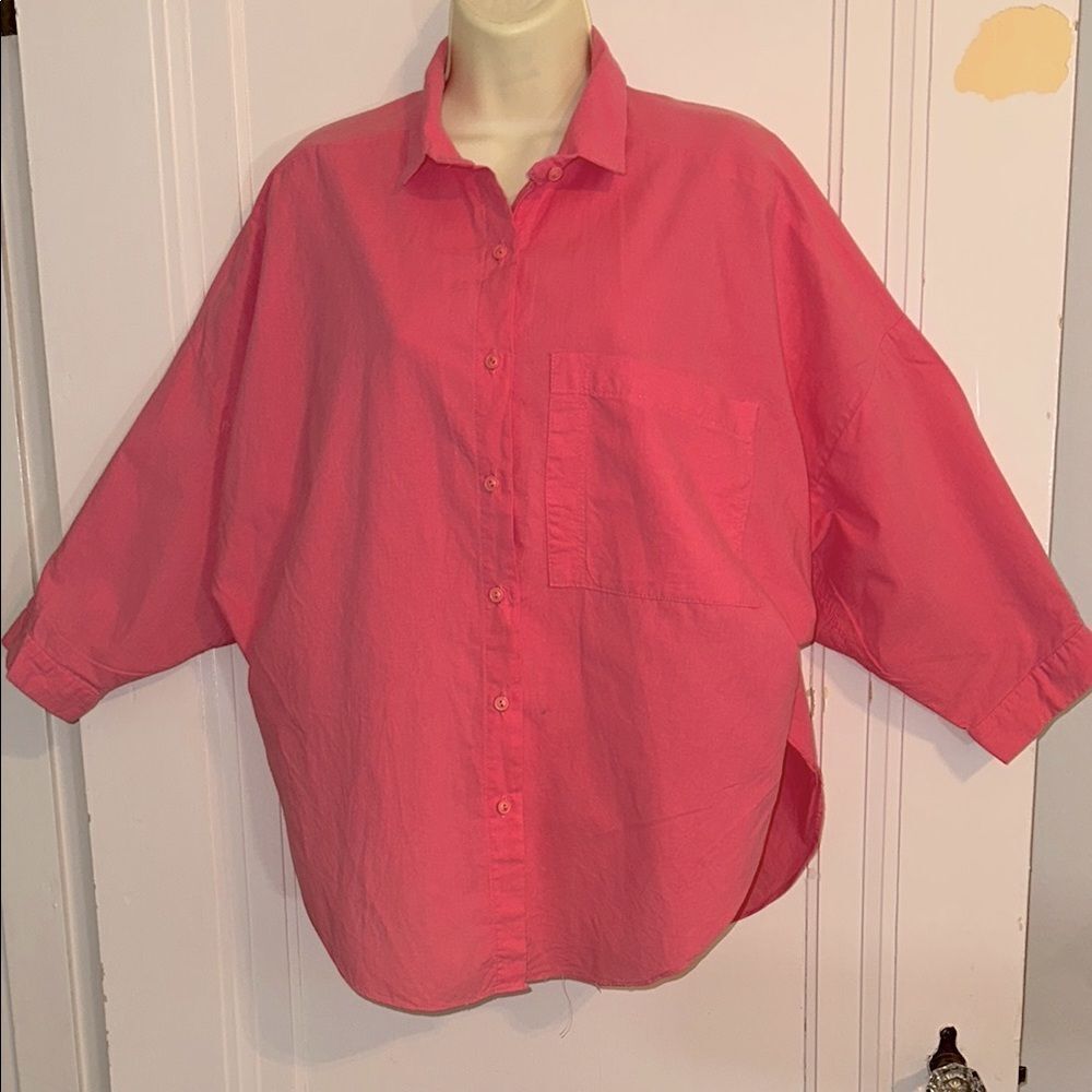 Vtg 80s Cynthia My Love brand bright pink oversized shirt -‎ 3/4 Dolman sleeves